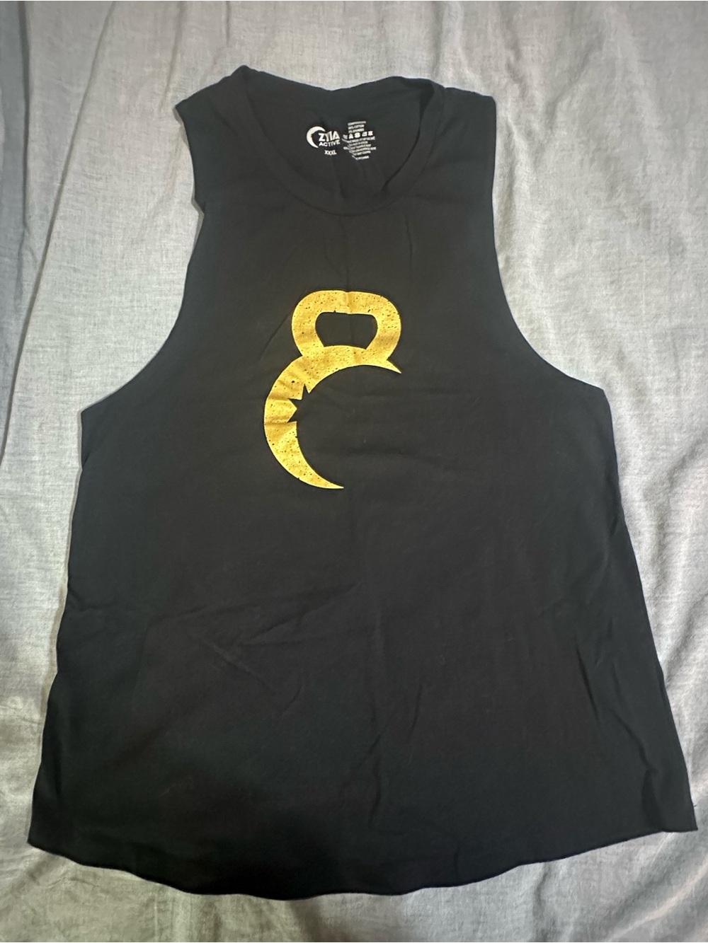 Women’s Zyia Active Black Tank with Gold Kettlebell Graphic